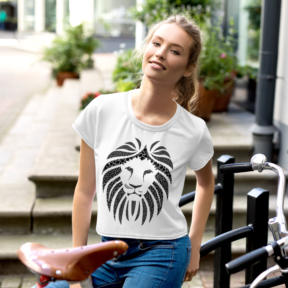Women White Crop Tee Lion Black