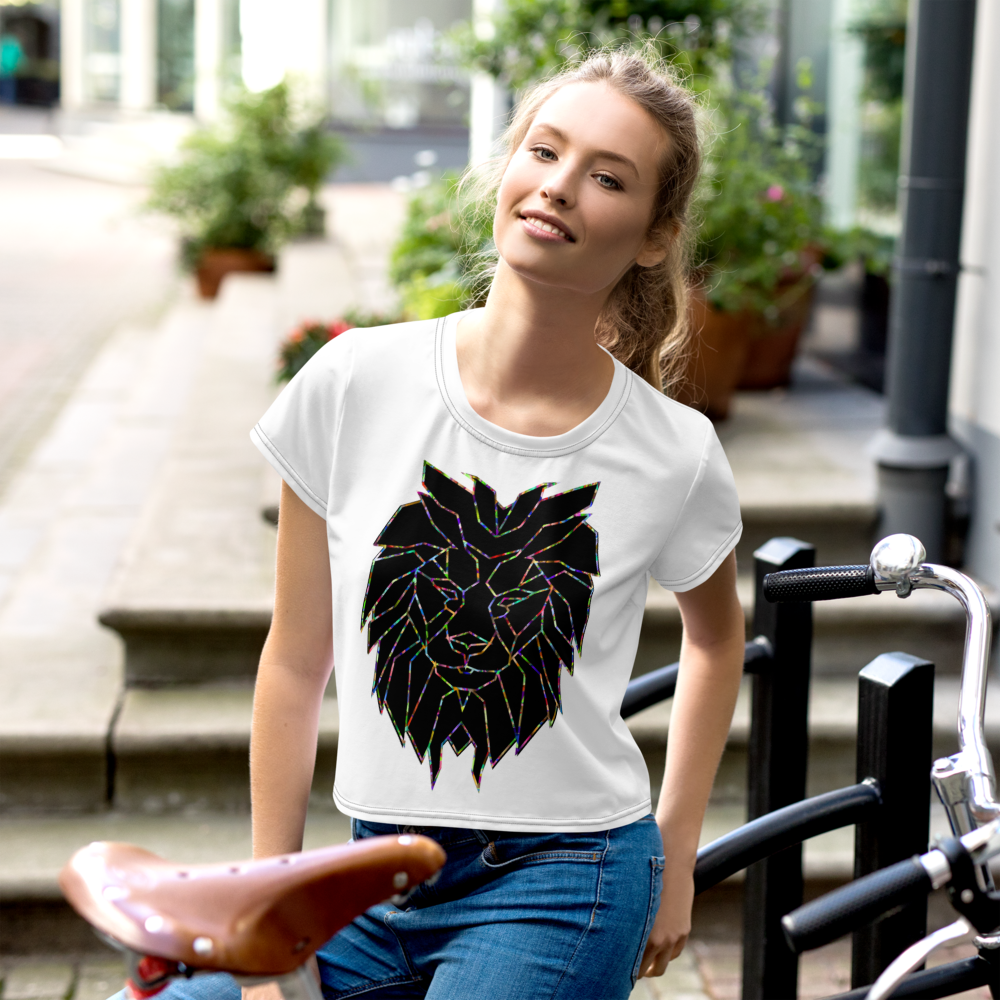 Women White Crop Tee Lion Stars