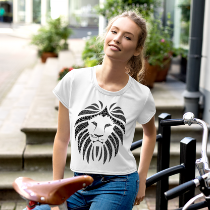 Women White Crop Tee Lion Black
