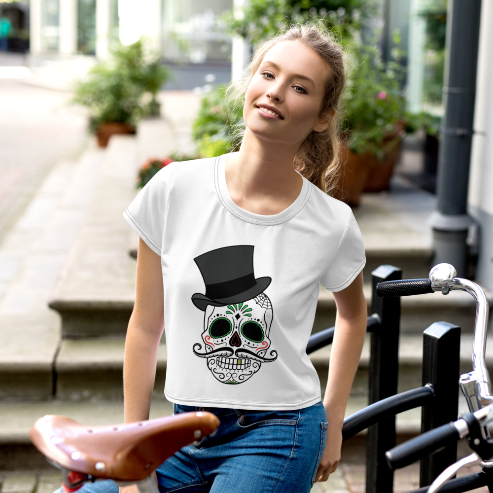 Women White Crop Tee Skull