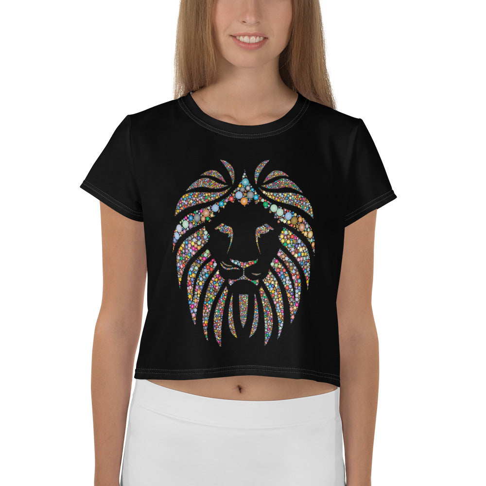 Women Black Crop Tee Lion Stone