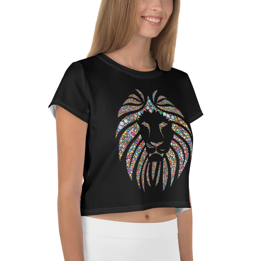 Women Black Crop Tee Lion Stone