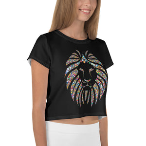 Women Black Crop Tee Lion Stone