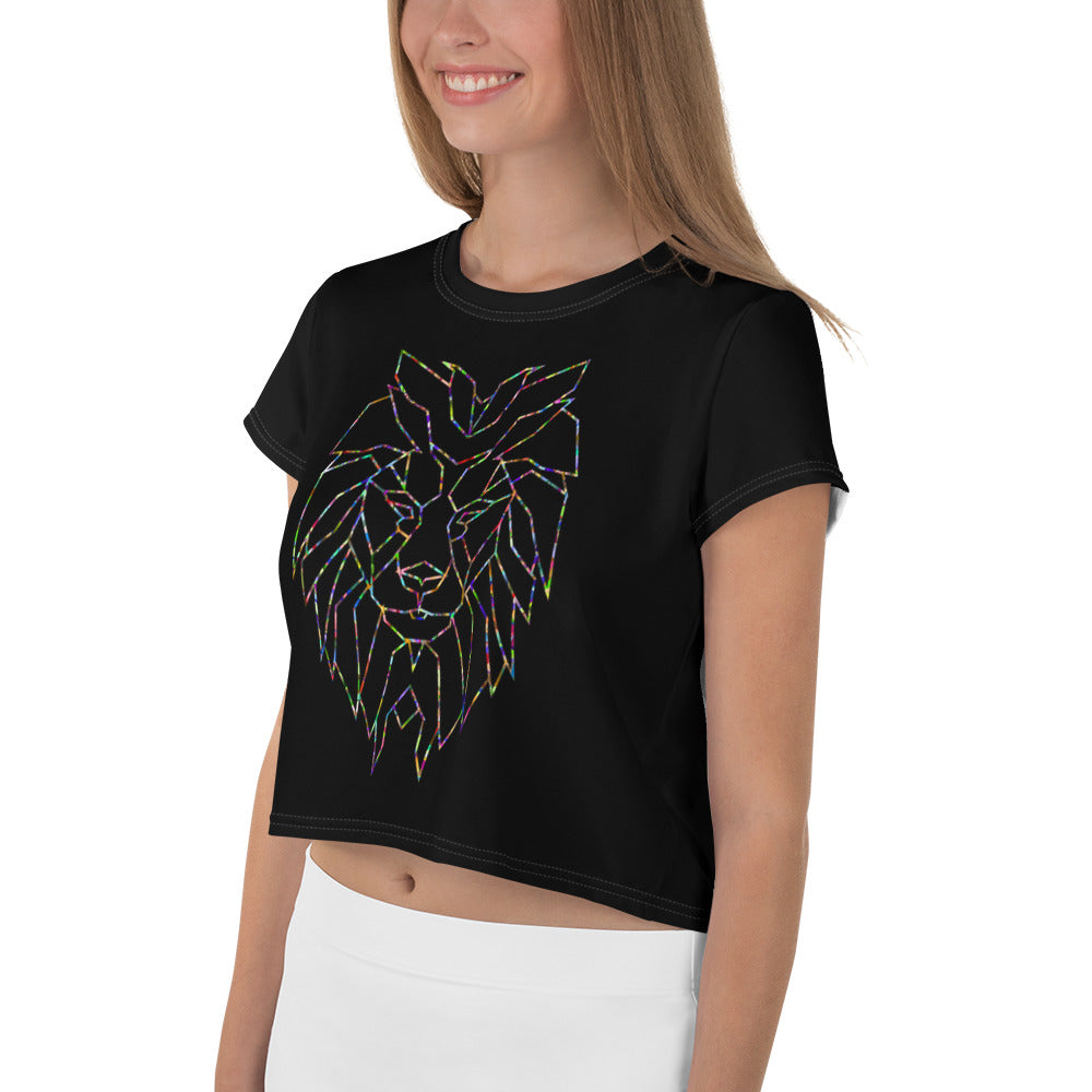 Women Black Crop Tee Lion Stars