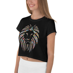 Women Black Crop Tee Lion Stone