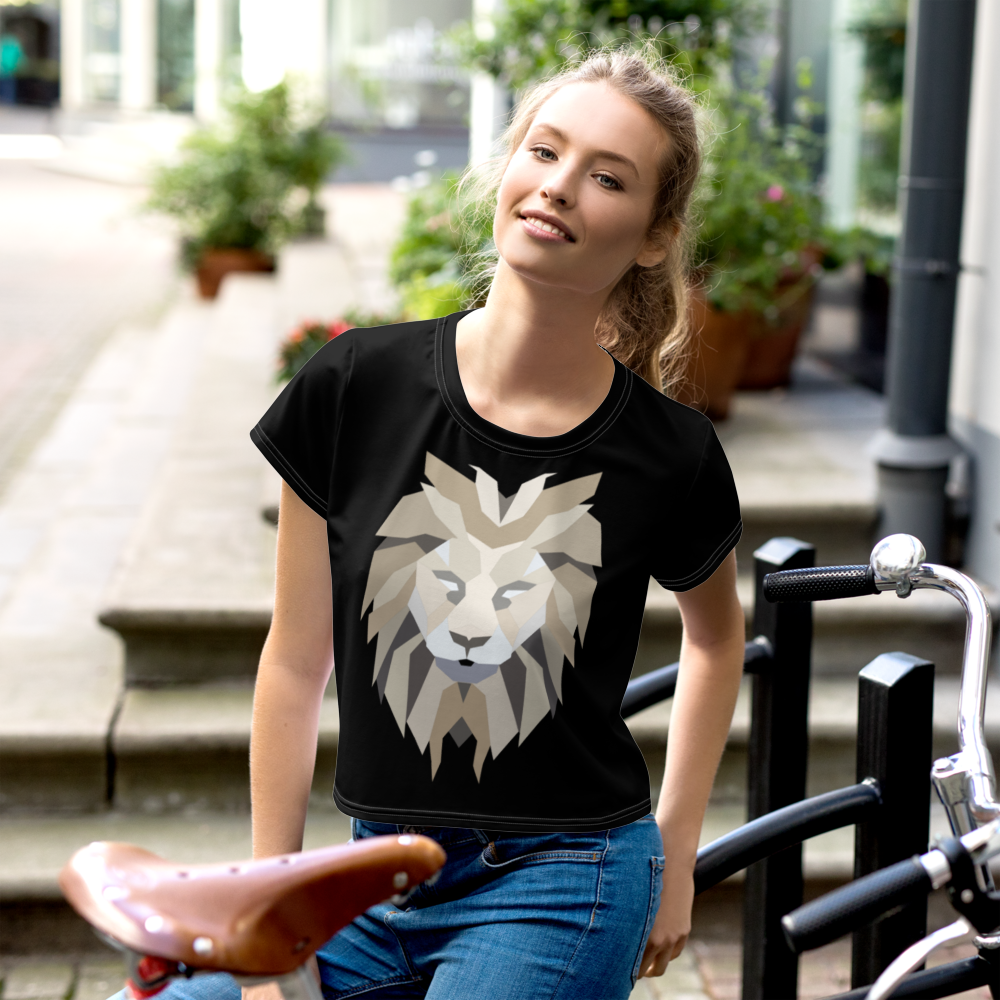Women Black Crop Tee Lion White