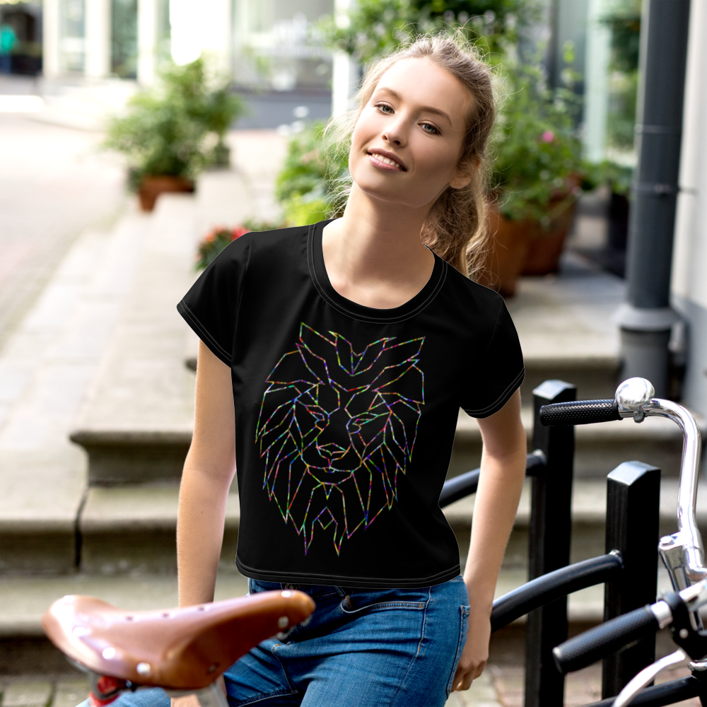 Women Black Crop Tee Lion Stars